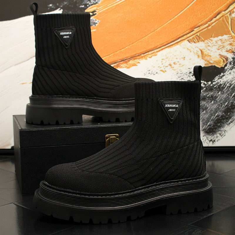 High-Top Clunky Sneakers Knitting Boots 2024 New Arrival Spring Hidden Heel Shoes Trendy Men's Shoes Flying Woven Socks Shoes Boots Breathable